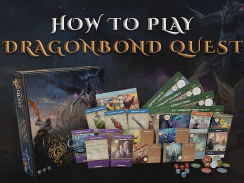 Graphic showing the title How to Play Dragonbond Quest above a display of gaming components